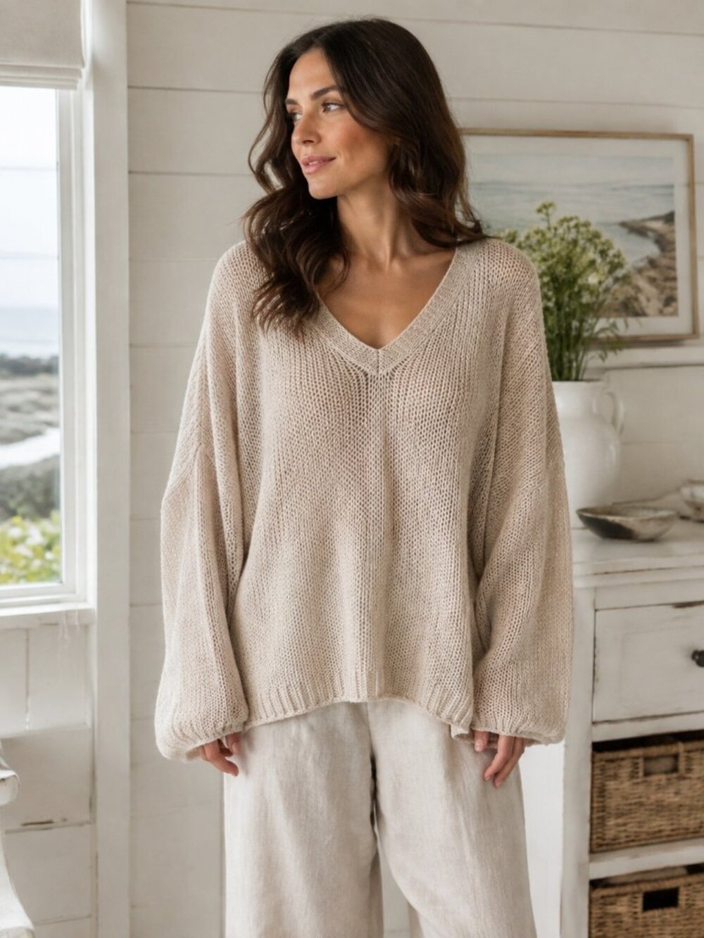 Poetry Linen Open Knit Sweater Women Beige V Neck Relaxed Oversized 12/14
